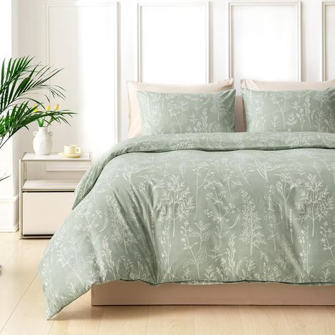 Housse de Couette 220x240 avec 2 Taies d'oreiller 65x65 cm - Motifs Floraux Dessinés à la Main - Parure de lit 220x240 Adulte - 100% Microfibre Parure Couette Fermetures éclair, Vert Sauge (1/5)