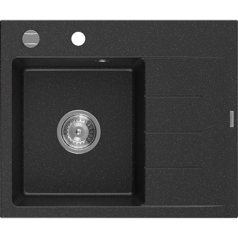 Mexen Ben évier granit 1-bac avec égouttoir gauche 600 x 500 mm, noir/argent métallisé, siphon chromé - 6522605000-73 (1/5)