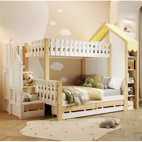 Litera infantil de madera de pino y MDF blanco/natural 90x200 cm + 140x200 cm con almacenaje integrado (1/5)