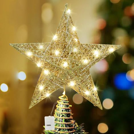 Etoile Sapin de Noel, 20x25 cm Pointes de Sapin, Cimier Or de Sapin de Noël Lumineuse, Noël Arbre Topper, Décoration de Noel Pentagramme avec Paillettes Christmas Tree Topper pour Interieur Exterieur (1/5)