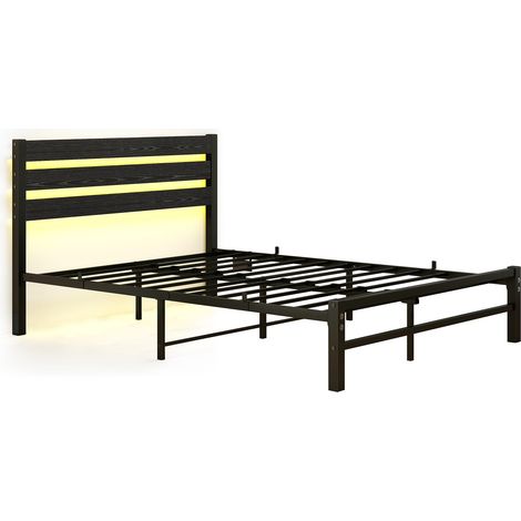 Cama 140x200 cm de metal negro con cabecero, LED RGB, puerto USB y somier de láminas (1/5)