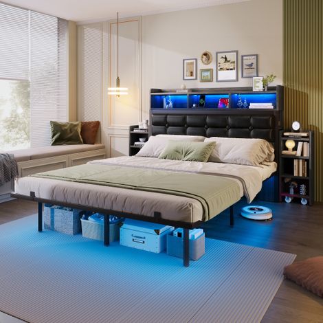 Doppelbett 140x200 mit Lattenrost – Kopfteil mit integrierten Fächern, 2 ineinander schiebbare Nachttische, USB-/Typ-C-Schnellladefunktion, LED-Beleuchtung, Grau