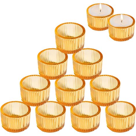 Photophore Côtelés, 5 cm x 3,5 cm, Lot de 12 Mini Porte Bougeoir, Photophores Côtelés en Verre Vintage, pour Fête D'anniversaire, Décoration de Table, Décoration de la Maison et Mariage, Doré (1/5)