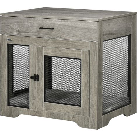 Dog Cage End Table  Two Doors, Drawer, for Medium Dogs - Grey (1/5)
