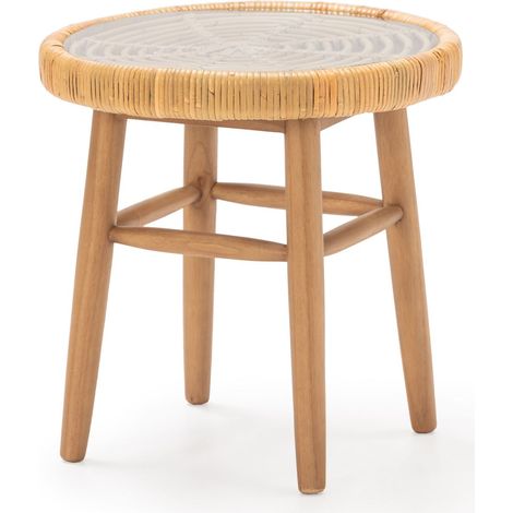 Table d'Appoint 50X50X50 Bois/Osier Naturel/Verre Trempé 5Mm (1/2)