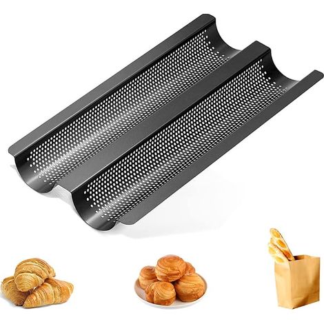 Baguette-Backblech für 2 Baguettes, antihaftbeschichtet, ideal für Familie, Restaurant und Bäckerei, 38 × 16.2 × 2.4 cm, schwarz
