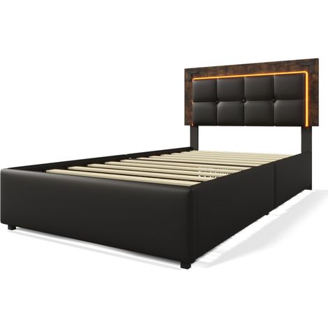 Cama tapizada 90x200 cm con LED, 4 cajones y cabecero ajustable, PU negro HOMVRA (1/5)