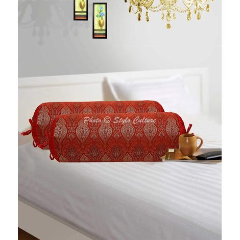 Taie de traversin tubulaire ethnique rouge damassé soie jacquard tissage rond oreiller de méditation traditionnel floral décoratif 76 x 38 cm Lot de 2 pièces (1/5)