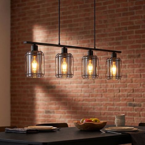 LED Pendellampe Hängeleuchte Wohnzimmerleuchte Schwarz Metall Glas 4 flammig H 120 cm