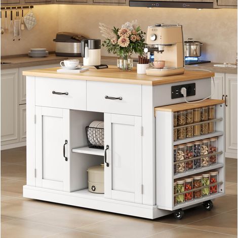 Isola da cucina mobile con tavolo estensibile, 7 ruote, prese USB, bianco e rovere OKMYHOME (1/5)