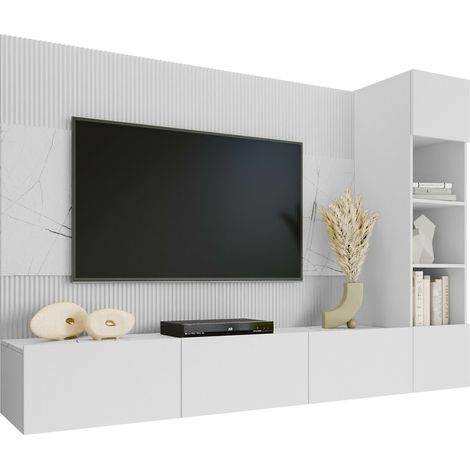 Mobilier1 – Ensemble de salon Comfivo 369 – Blanc et marbre blanc – Largeur 220 cm – Hauteur 150 cm – Stratifié durable avec mécanisme push to open