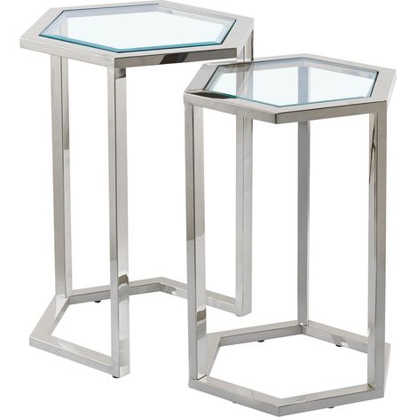 Set de 2 guéridons gigognes métal plateau verre trempé  forme hexagonale (1/5)
