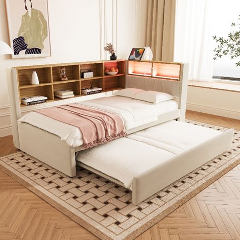 Multifunktionales Schlafsofa 90x200 cm mit Ausziehbett 90x190 cm, Polsterbett mit LED-Beleuchtung, USB-Anschlüssen & Stauraum, Flanell Beige (1/5)