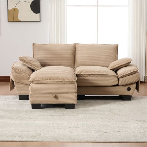 Canapé 2 places 190x132x84 cm kaki en corduroy avec repose-pieds coffre, port USB-C et poches latérales (1/5)