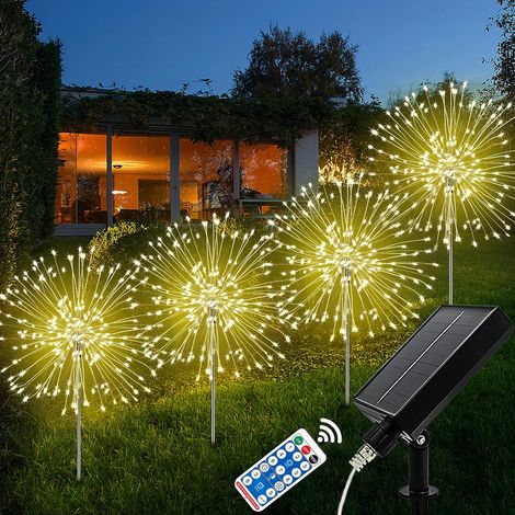 Solar Outdoor Garden Light, 4 Pieces 120 LED Fireworks Copper Wire IP65 Waterproof 8 Modes Solar Lights Decor for Garden, Patio, Lawn, Flowerbed, Party, Warm White (1/5)