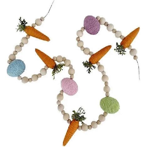 Couronne de carottes et lapin de Pâques, bannière « Joyeuses Pâques », décoration murale style ferme avec perles en bois (fdq) (1/5)