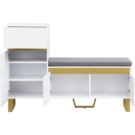 Scarpiera ingresso con panca imbottita e cassetto in MDF bianco (1/5)