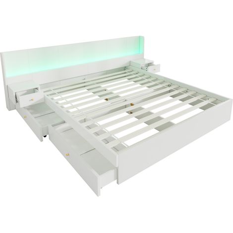 Cama doble 180 x 200 cm en MDF blanco con LED, puertos USB, enchufes y almacenaje (1/5)