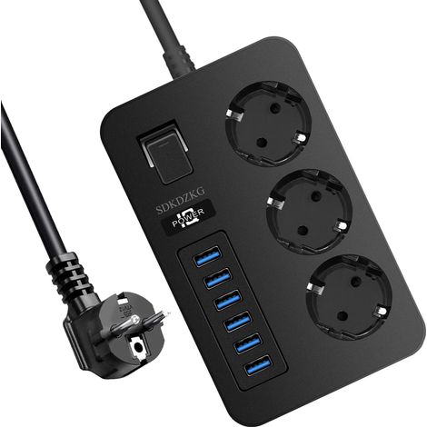 Multiprise 3 Prises Multiple (13A/3000W) avec Interrupteur Individuelles, 6 Ports de Charge USB (3.1A/5V),1.8m Adaptateur Secteur Les Câbles, Applicable à Bureaux Et Voyage en Maison (Noir) (1/5)