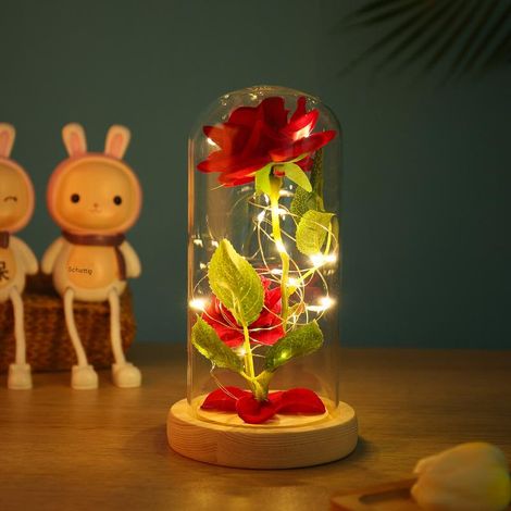 Roses d'Éternité - Rose dorée sous dôme de verre avec LED - Rose éternelle lumineuse sur socle en bois - Lot de 4 - Rouge (1/4)