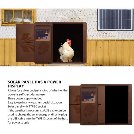 Ouvre-porte automatique solaire USB pour poulailler avec minuterie programmable, affichage LED, 3 modes d'alimentation, ouverture horizontale, marron (1/5)