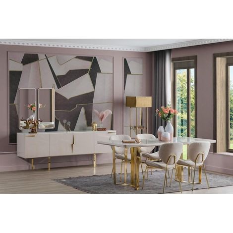 Azura Home Design – Salle à manger complète 6 places – Table 200x100cm – Buffet 220x50cm – Chaises en lin – Panneaux mélaminé blanc et doré (1/4)