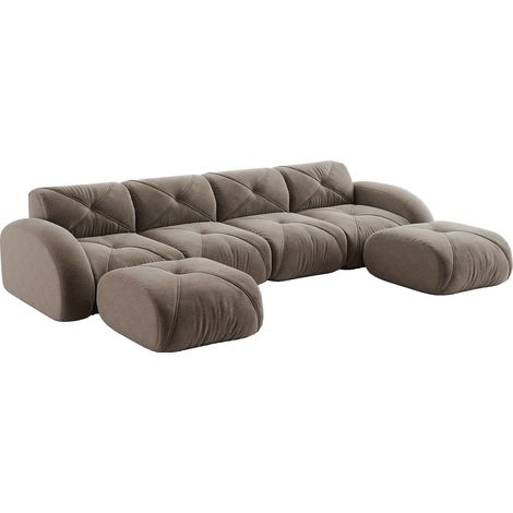 Canapé modulable en U 4 places avec 2 poufs, sofa de salon en tissu taupe, design sans cadre, assise moelleuse haute densité, idéal famille – CHICFURN (1/5)