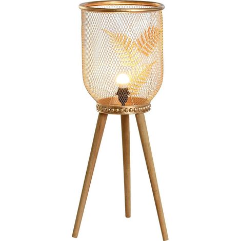 Lampe de table feuille dorée esprit tropical en métal et bois - doré feuille et bois naturel (1/5)
