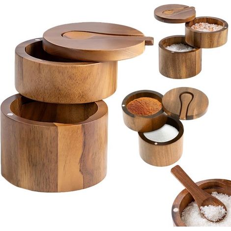 Salière double couche 9 x 10,5 cm - pot à épices avec couvercle rotatif aimanté, brun clair (1/5)