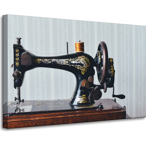 Lienzo impreso con máquina de coser vintage, 90x60 cm, aguja de sastre e hilo.