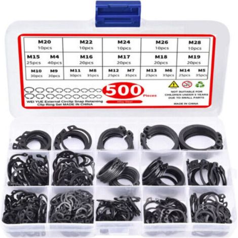Set di 500 anelli di ritegno in metallo, 20 diversi tipi di anelli di ritegno di tipo E (Φ4/5/6/7/8/9/10/11/12/13/14/15/16/17/18/19/20/22/24/26/28 mm) per fissaggi interni ed esterni