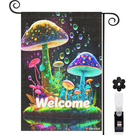 Drapeau de jardin bienvenue 30 x 45 cm motif champignons arc en ciel toile double face pour extérieur (1/5)