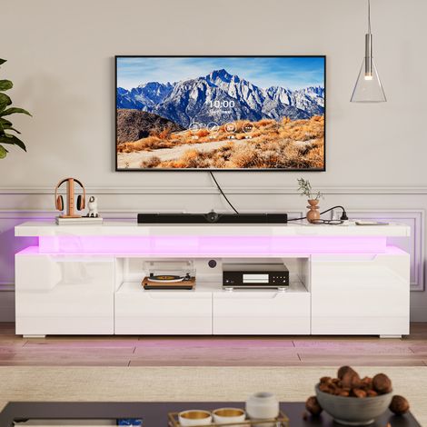 Comanlai - Meuble TV 180x35x52cm avec éclairage LED réglable, étagères ouvrante, 2 Portes et Tiroirs, meuble tele, Blanc (1/5)