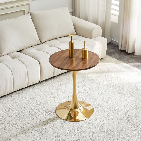 Table d'appoint ronde Ø60 cm, style Mid-Century, pour cuisine salon, plateau MDF marron, pied central en metal or, hauteur 72 cm (1/5)