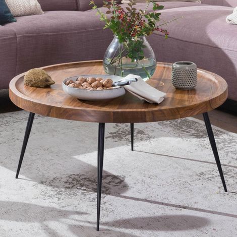 Table basse ronde 75x75x39 cm en sheesham massif et pieds en fer (1/5)