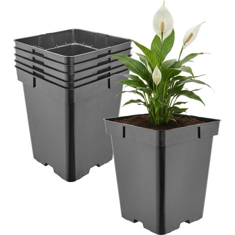 Garronda Pot de Fleur Carré Haut Plastique 18 × H 21,5 cm (5L) - x5 Godets Semis Pot Culture Profond Drainage Résistants Intempéries pour Plantes Pépinière Jardin Serre Intérieur Extérieur GD-0201