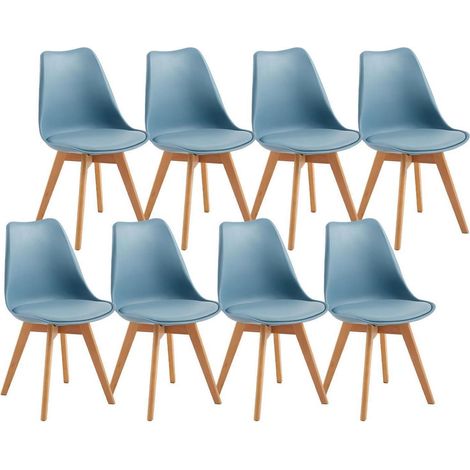 Ensemble de 8 chaises de salle à manger Scandinave Rétro avec assise en cuir PU, pieds en bois de hêtre, bleu clair (1/5)