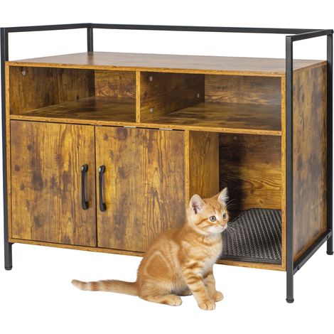 Mueble arenero Relaxdays con alfombrilla y almacenaje, 74x90x45 cm, caseta para gatos, marrón/negro