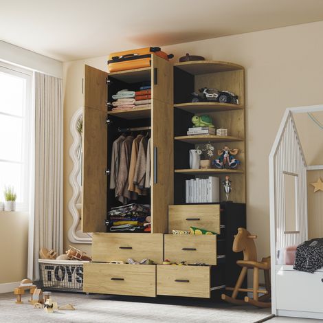 Kleiderschrank fürs Schlafzimmer, Garderobenschrank mit Kleiderstange und 5 Schubladen, zweifarbiger Vitrinen- und Stauraumschrank im Industrial-Stil, 110 × 40 × 186 cm, Natur und Schwarz