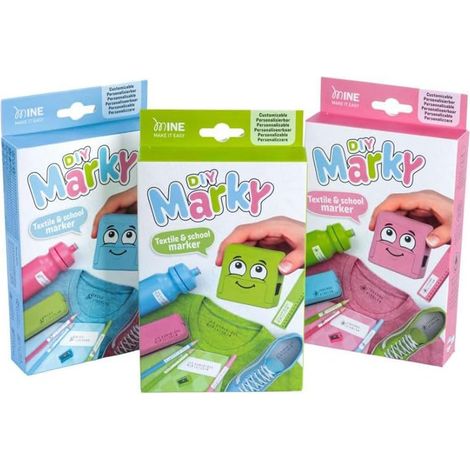 DIY MARKY - Sello Personalizable para Niños  para Ropa y Objetos Infantiles  Incluye Tinta hasta 1000 Impresiones  Kit Completo con Etiquetas y Cinta Termoadhesiva  (Azul)