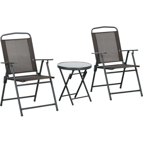 Bistro-Set 3-teilig aus Metall Wetterfest Gartenmöbel Set mit klappbar Glastisch Gartenstühlen Outdoor Balkonmöbel Set Sitzgruppe Balkonset Gartengarnitur Braun Aosom