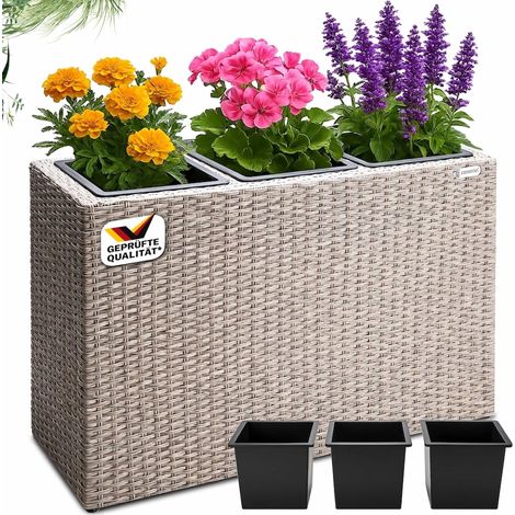 Bac à fleurs polyrotin gris 3 compartiments pot intérieur 83x30,5x60 cm pot de fleurs bac vertical intérieur extérieur Crème (1/9)