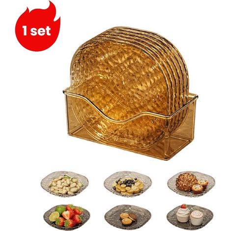 1 ensemble - Assiettes - Planche à gratter - Petite assiette transparente à motif ondulé - Assiette à fruits et à apéritifs - 6 assiettes - 1 boîte de rangement - Or transparent (1/5)