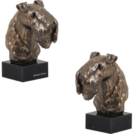Kerry Blue Terrier, Irish Blue Terrier: estatuilla de perro, busto sobre una base de piedra, escultura, trofeo para una exposición canina de Art-Dog. (1/5)