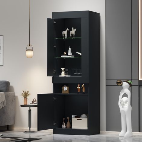 Vitrine 50/40/180 cm in Schwarz mit USB-LED, Glasböden und Hochglanzfronten (1/5)