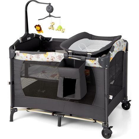 COSTWAY 4 in 1 klappbares Reisebett & Beistellbett & Wickeltisch & Laufstall rollbar, 2 Ebenen Babybett inkl. Spielbogen, Matratze, Wickelauflage, Windelaufbewahrung und Spieluhr Dunkelgrau (1/5)