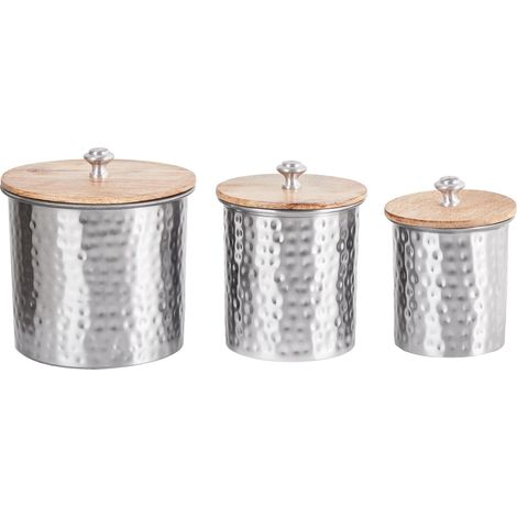 Set di 3 Contenitori Decorativi Argentati Coperchi in Legno Coordinati Alexandria