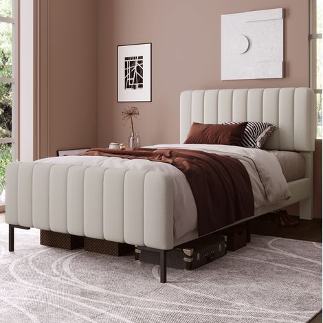 Lit simple rembourré moderne 90x200 cm en lin gris-beige avec sommier à lattes et tête de lit réglable (1/5)