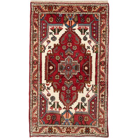 Tapis d'orient 82 x 142 cm, motif oriental, rouge, bleu et crème, en laine naturelle nouée à la main (1/5)