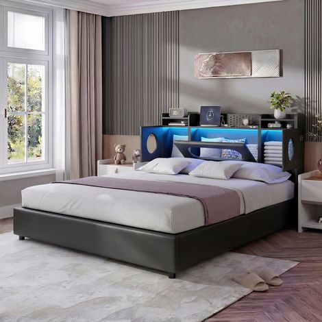 Lit coffre 140x200 cm, Lit double avec USB et Type C, Lit adulte avec LED, rangement tête de lit, PU, Noir (1/5)